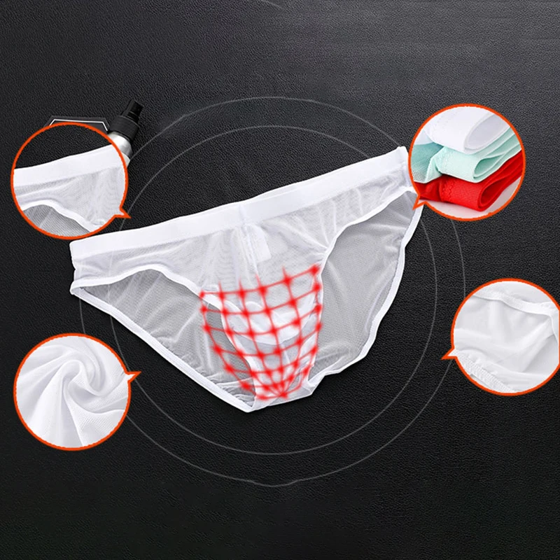 Men's Sexy Underwear Ultrathin Tulle Netting Transparent Elastic Lingerie Briefs Underpants Panties Black Red White One Size