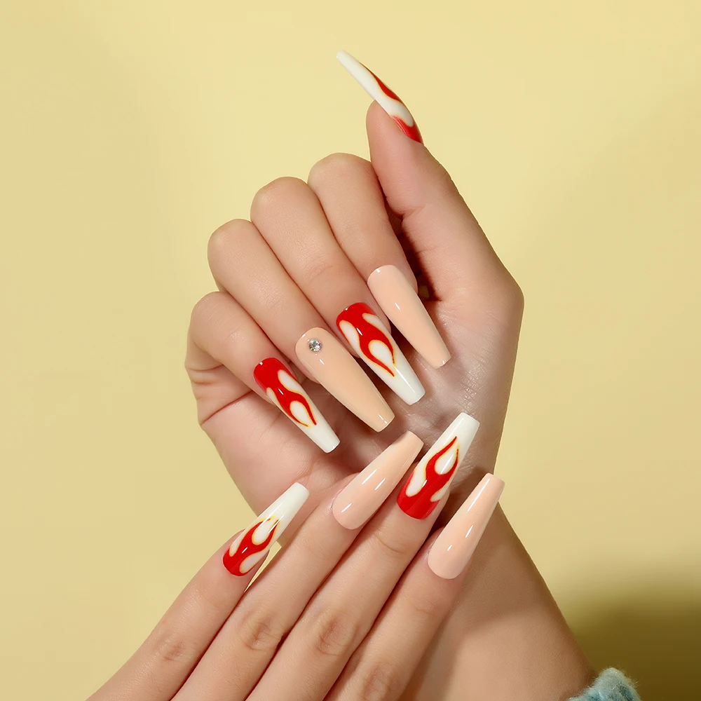 

24 Pieces/Box Long Coffin Fake Nails with Rhinestones Abstract Flame Rapper Fake Nails Technique Full Coverage