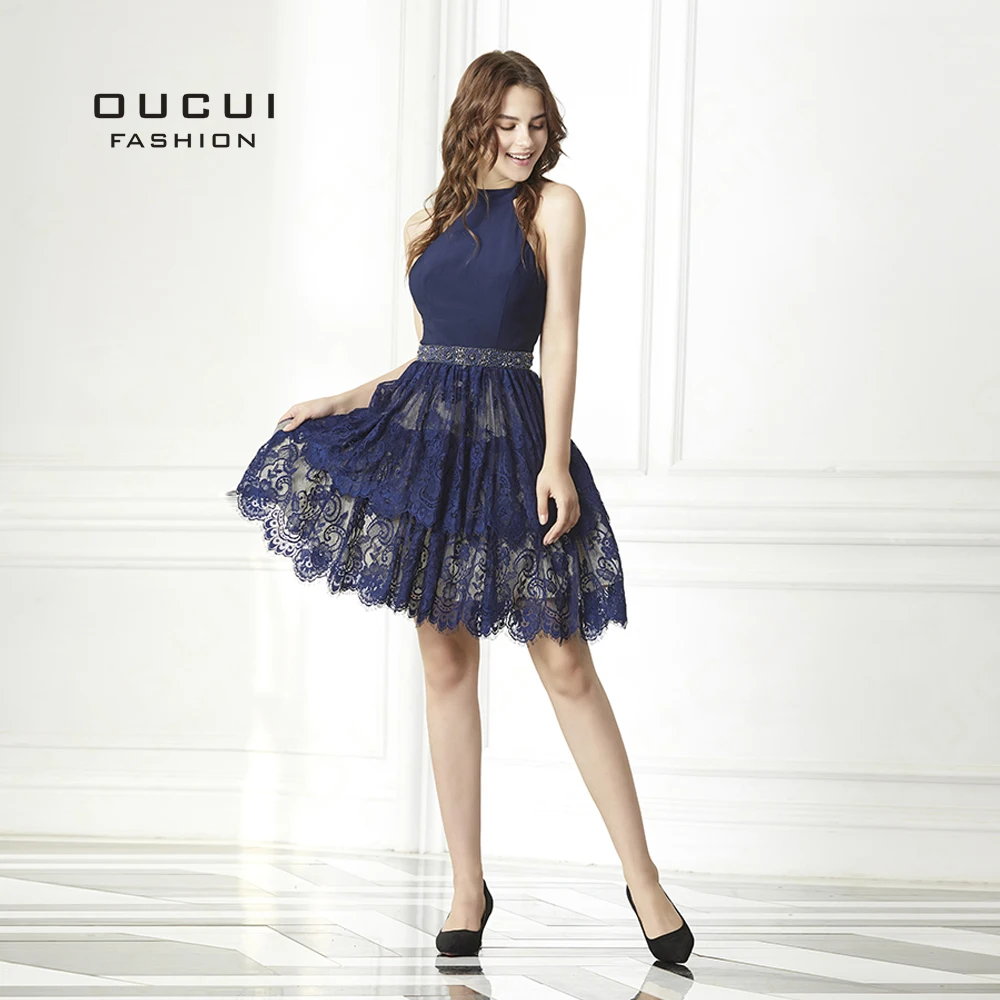 Темно синее кружевное бальное платье короткие платья для встречи выпускников