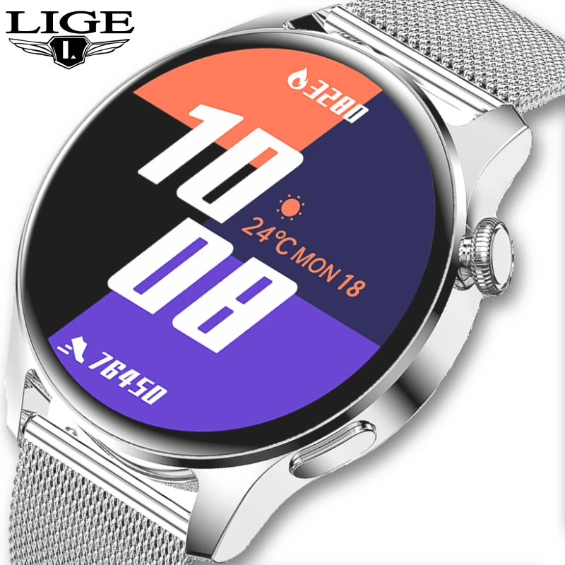 Смарт часы LIGE мужские водонепроницаемые с Bluetooth пульсометром и сенсорным