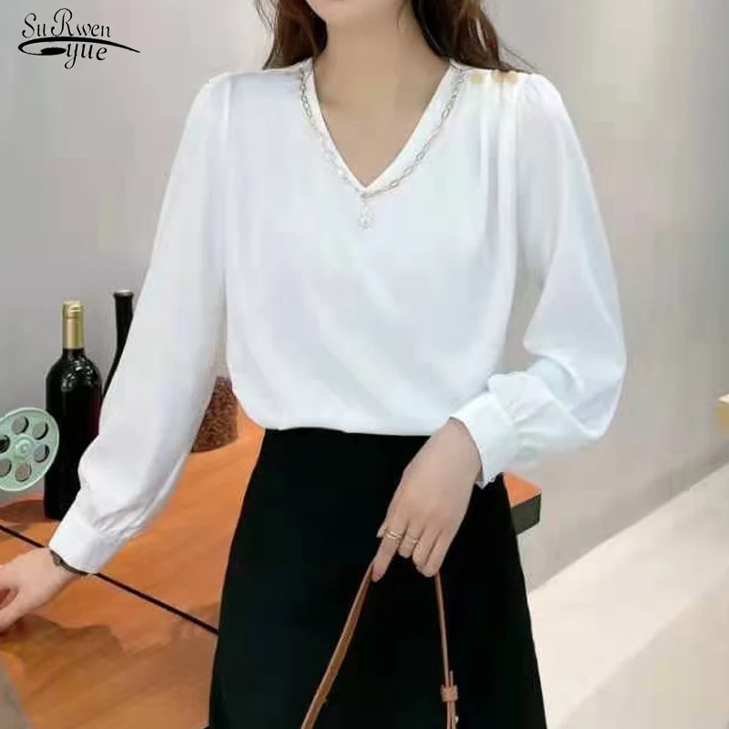 

Осень 2021, нежная Модная рубашка с длинным рукавом, топы с V-образным вырезом, элегантная Офисная Женская атласная блузка, женская рубашка, св...