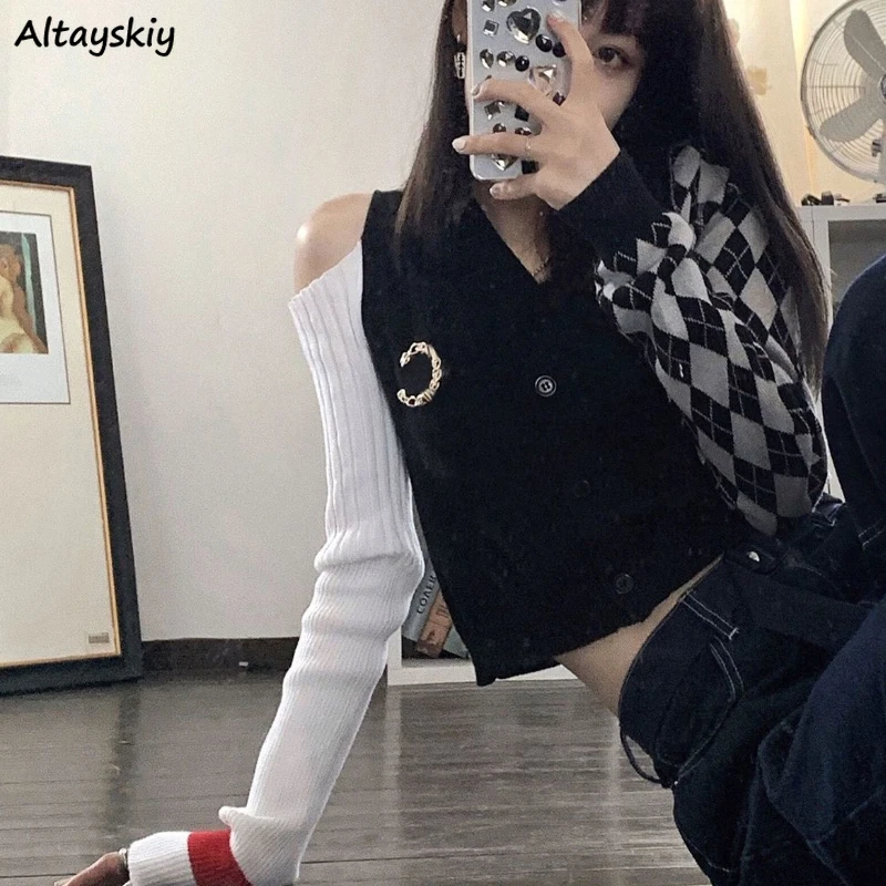 

Spliced Cardigan Women Plaid Ulzzang Harajuku Fashion Spring Long Sleeve Single Breasted Korean Style Cool Streetwear Knitwear