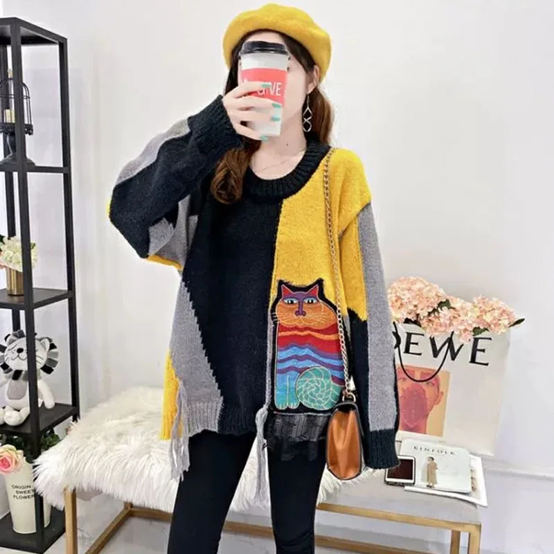 

2020 New Knitwear Tops Jumper Knit Pullovers Chic Sweater Woman Patchwork Lace Contrast Color Weater Oversized Coat