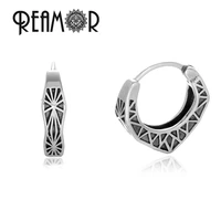 reamor simple stainless steel hoop earrings for women bohemian leaf vein circle piercing stud earrings men jewelry 1 pair