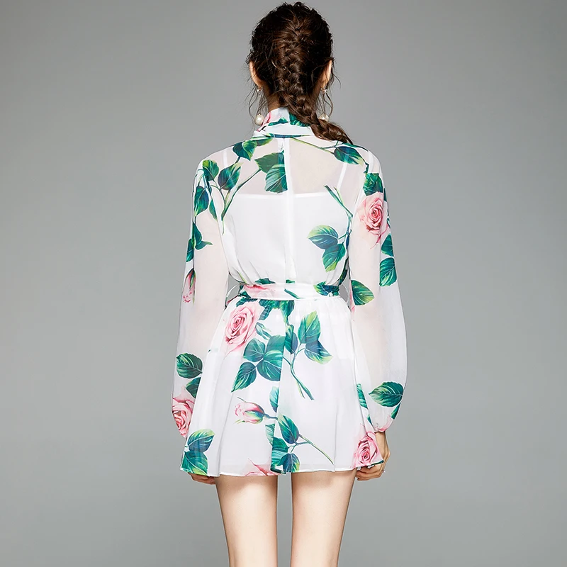 

Banulin 2020 Runway Designer Charming Floral Printing Mini Dress 2020 New Women's Long Sleeve Bow Tie Slim Mini Dress With Belt