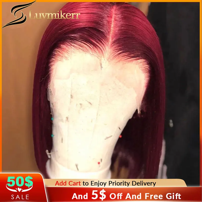 

Straight Short Bob Wig 99J 13x4 Human Hair Wigs Glueless Burgundy Colored HD Transparent Lace Frontal Wig For Women 250% Density