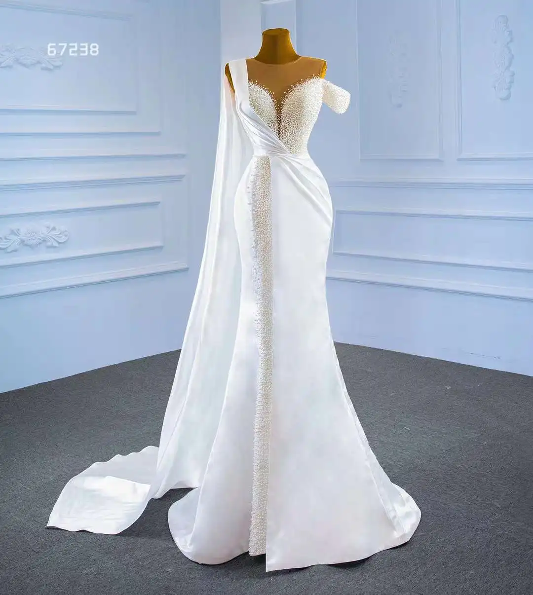 

Свадебное платье с рукавами-воланами Aolanes, сатиновое платье с рюшами и жемчугом