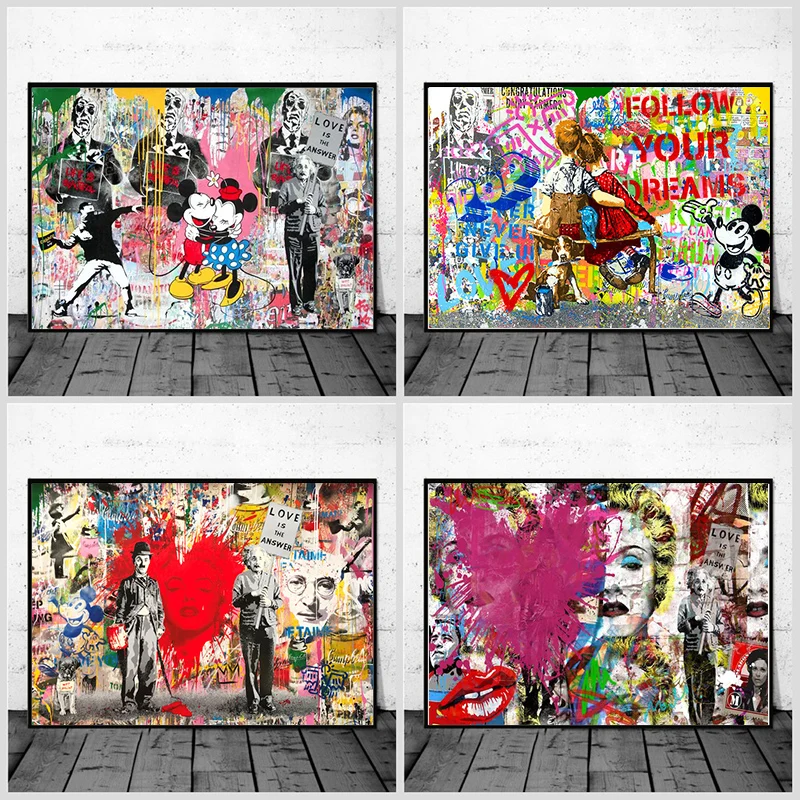 

Disney Graffiti Art Canvas Paintings Mickey and Minnie Hugging Posters and Prints Wall Art Pictures for Living Room Home Decor