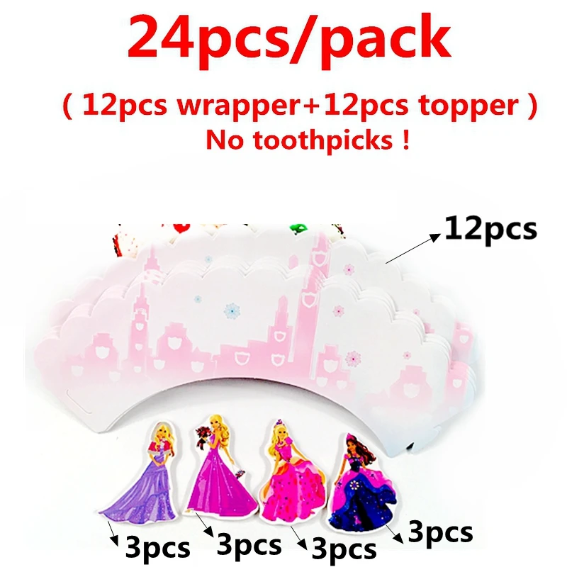 Barbie princess girl 24 шт мультфильм Микки Минни Принцесса обертки для кексов топперы дети день рождения поставки украшение для свадебного торта - Цвет: Barbie princess girl