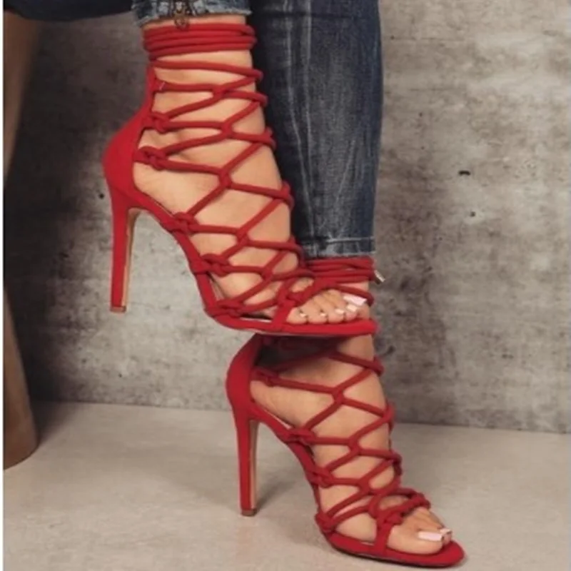 Harga Seksi Cross Strappy Sandal Tumit Tinggi Cut-Out Menenun Kepang Patchwork Gaun Merah Merah Muda Hitam Renda-Up Gladiator Pesta Sepatu