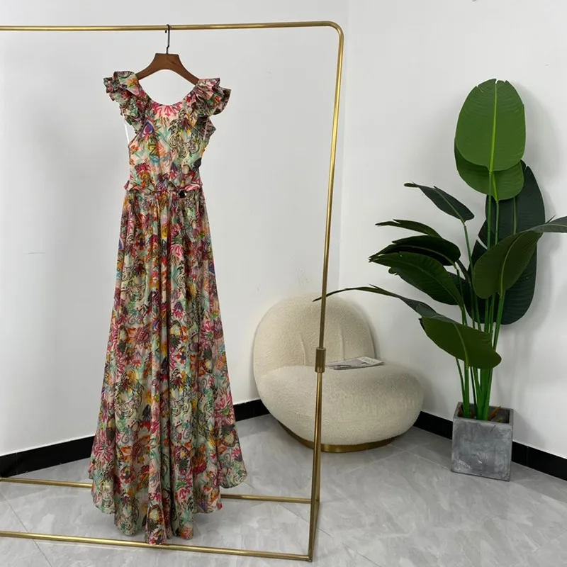 

Womens Top Quaity Designer Dresses 2021 Summer Hot Sale Back Cross Floral Print Silk Cotton Blend Elegant Ruffles Clothes