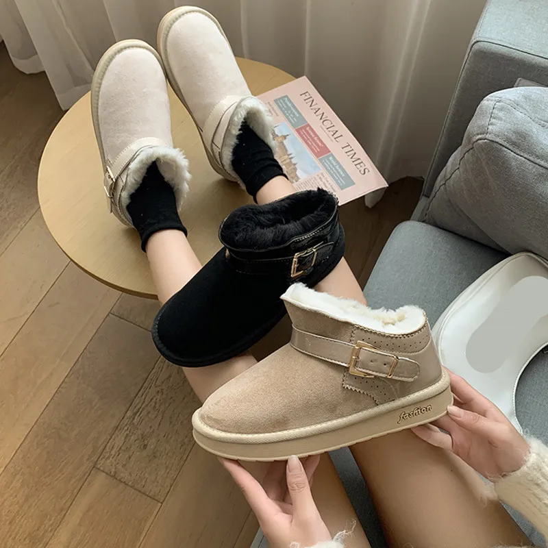 

Женские кожаные сапоги на плоской подошве, австралийская женская обувь, зимняя обувь, плюшевые сапоги-женские сапоги на среднем каблуке с к...