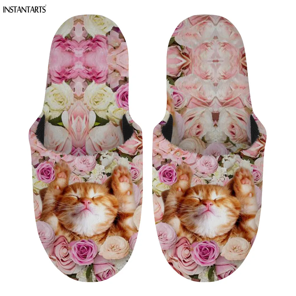 Economici INSTANTARTS 3D Cane E Gatto Con Foglie Di Fiori Stampa Calzature Casual Donna Pantofole Calde Invernali Pantofole Morbide Personalizzate