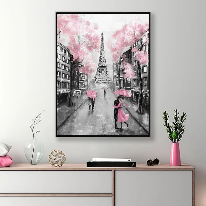 Paris City Eiffel Tower Umbrella On Street Oil Painting Graphic Artwork Canvas Poster Print Cuadros Wall Picture For Living Room | Дом и сад