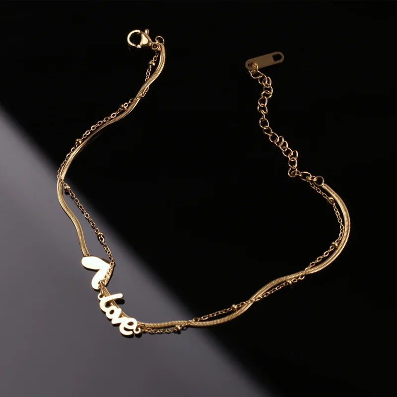 

TOSAKO Stainless Steel Bracelets Titanium Anklets Double Chain Heart Letter "love" Female 2021 Trend Jewelry