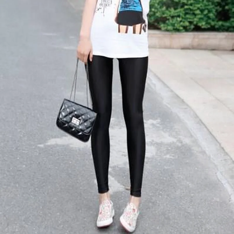 Женские блестящие леггинсы Однотонные эластичные повседневные Блестящие Брюки