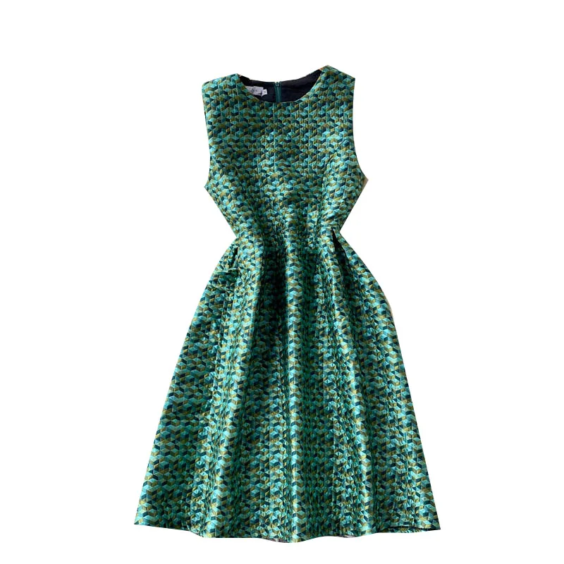 

2021 New Summer European Station Vestidos Women's Temperament Round Neck Slim Sleeveless Vest Retro Jacquard Midi Dress GL267