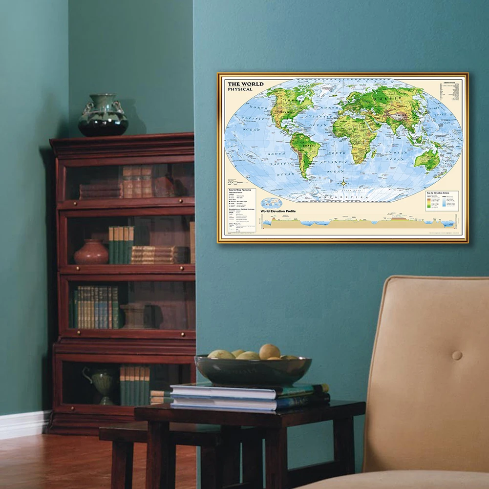 

90*60cm The World Map Orographic Map Wall Art Poster Canvas Painting Classroom Home Decoration School Supplies