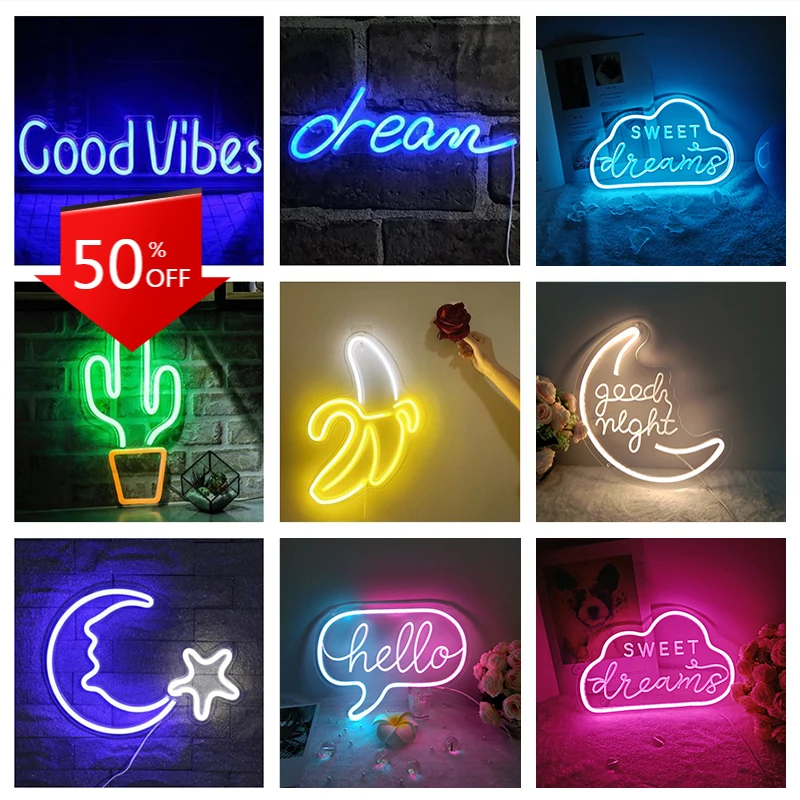 

Led Neon Light Sign Cood/Good Vibes Dream Open Cactus Hello Banana Flash Neon Sign for Room Home Decor Party Wedding Wall Decor