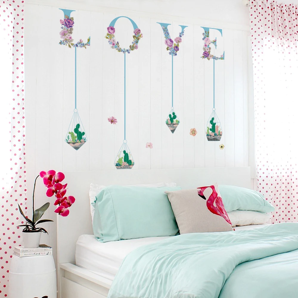 Наклейки на стену с сердечками и цветами зеленые растения европейские украшения