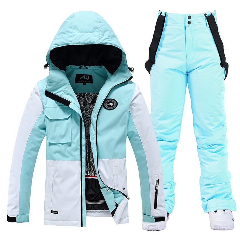 Oblique Zipper Color Matching Girl's Snow Suit Wear Waterproof Winter Costume Snowboarding Clothing Ski Jacket + Pant for Woman