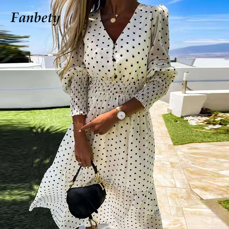

Elegant Long Sleeve V-Neck Chiffon Dress Women Sexy Slim Elastic Waist Party Dress Lady Fashion Dot Print 2021 Summer Long Dress