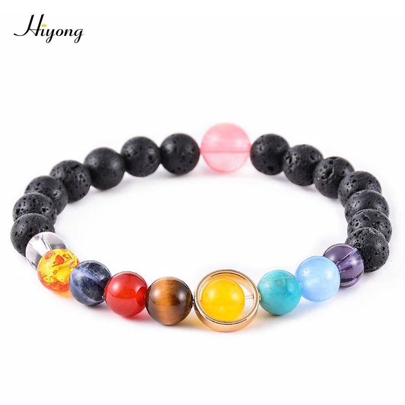 Planet bracelet HIYONY 7 Чакра браслет мужской черный матовый Лава Исцеление баланс бусины рейки Будда молитва браслет для йоги из натуральных камней для женщин - Окраска металла: Planet bracelet