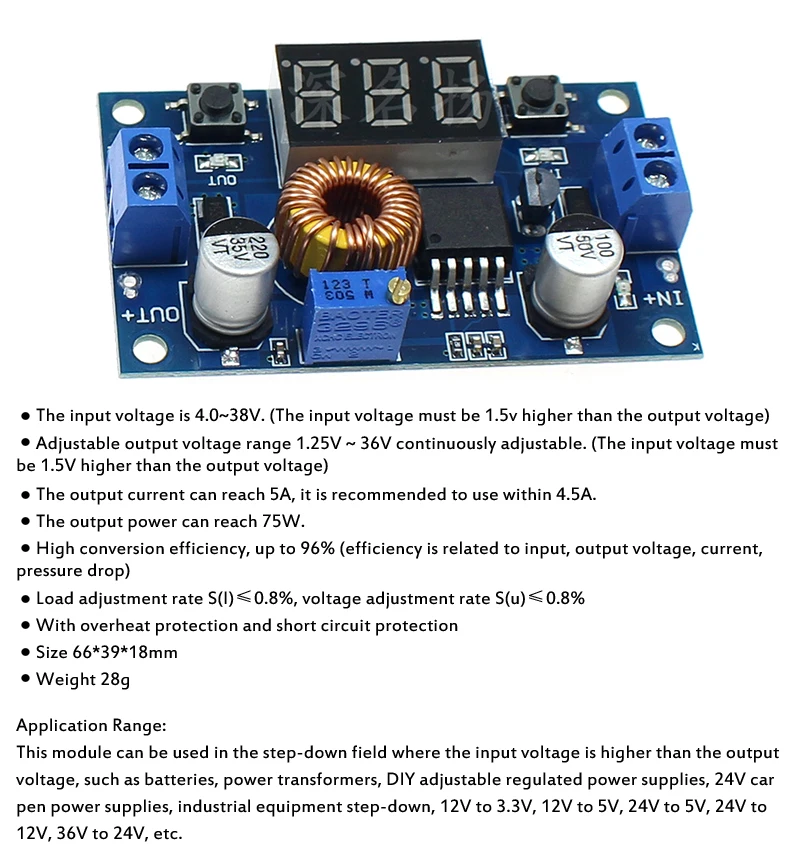 

Up Step Down Converter Module Voltage Board MOSFET LCD Display XL4015E 5A High Power 75W DC-DC Auto Boost Buck Adjustable Step