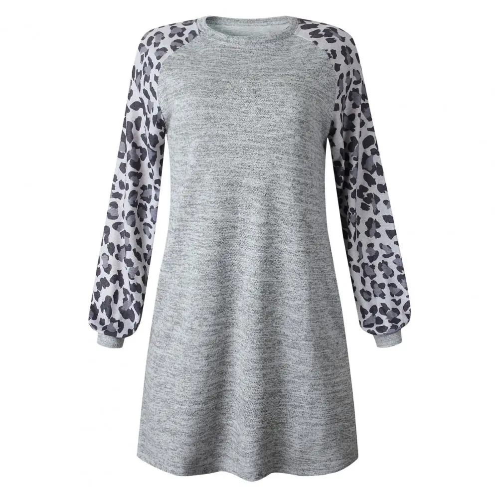 

Casual Women Autumn Winter Leopard Patchwork Long Sleeve O Neck Loose Tunic Mini dresses for women 2020