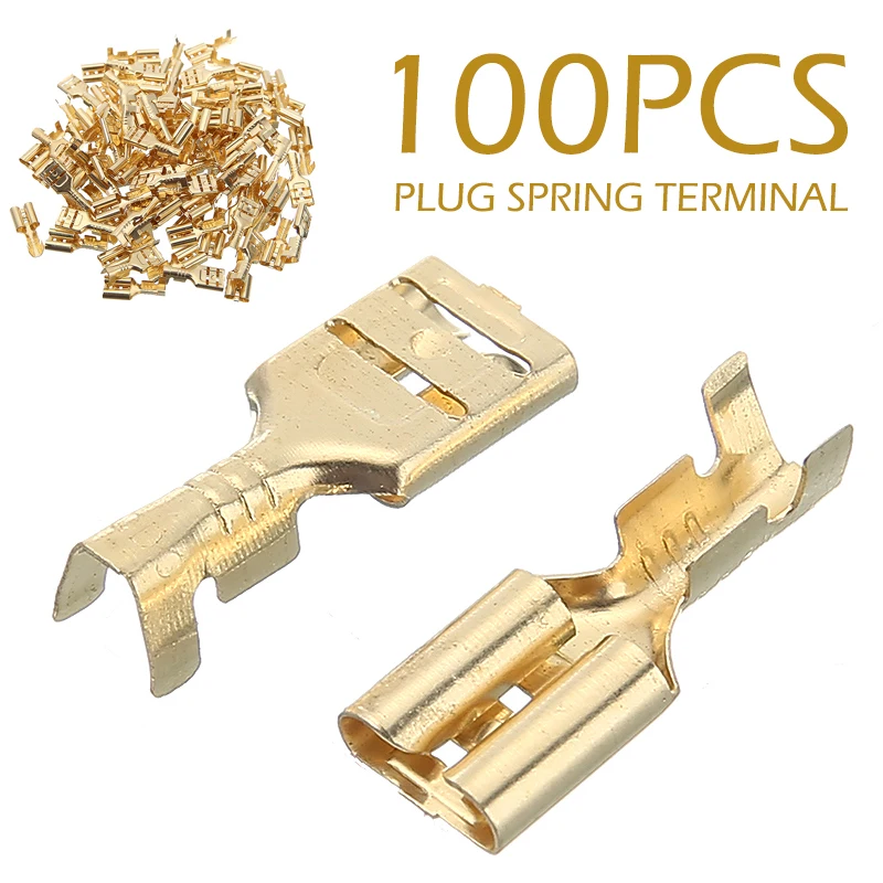 

100pcs 6.3mm Female Crimp Terminal Connector Gold Brass Car Speaker Electric Wire Connectors Set