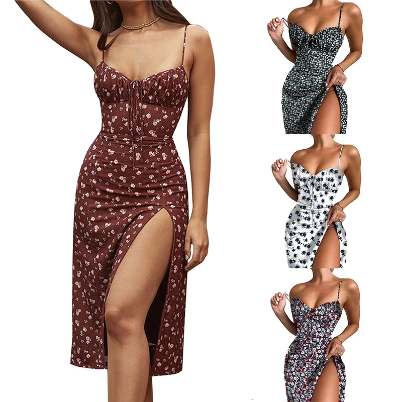 

Wine Floral Dress Women Prairie Chic Spaghetti Straps Backless Chest Draped Lace Up Side Split Sexy Long Dresses 2021