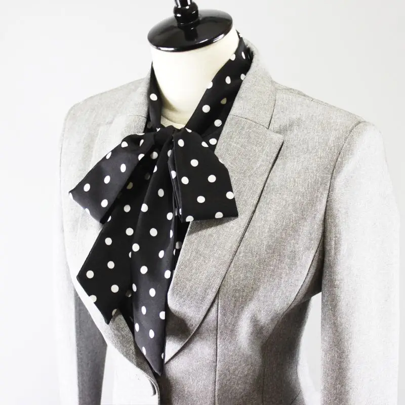 

Office Lady Adjustable Ribbon Bowknot Fake Collar Womens Vintage Black White Polka Dot Button Down Detachable Half-Shirt