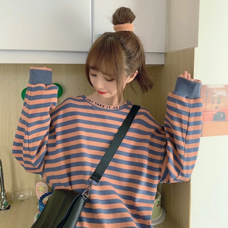 

Spring Autumn Striped Sweatshirt Hoodie Women Classic Cotton Base Pullover Coat Femme Ripped Hole Street Hoodies Teen Girl 2021