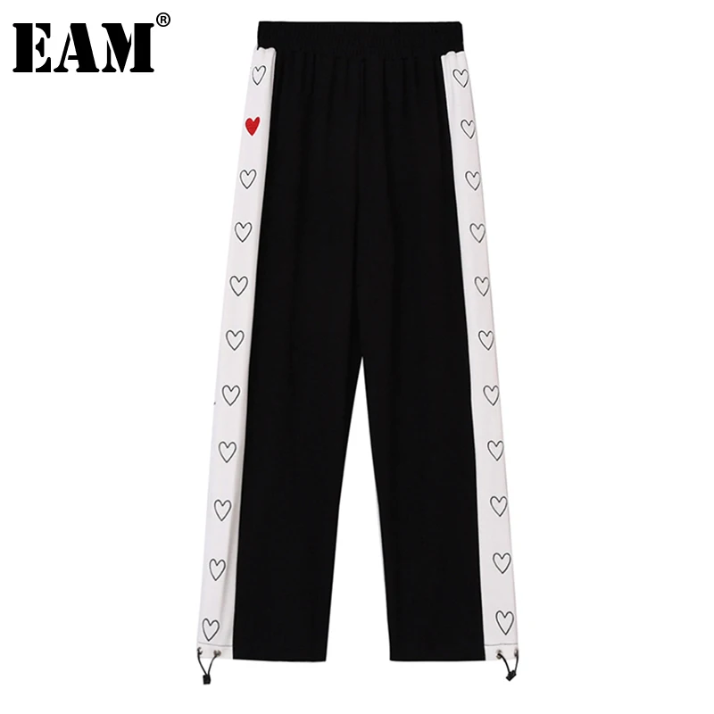 

[EAM] High Elastic Waist Black Embroidery Wide Leg Trousers New Loose Fit Pants Women Fashion Tide Spring Summer 2021 1DE0843