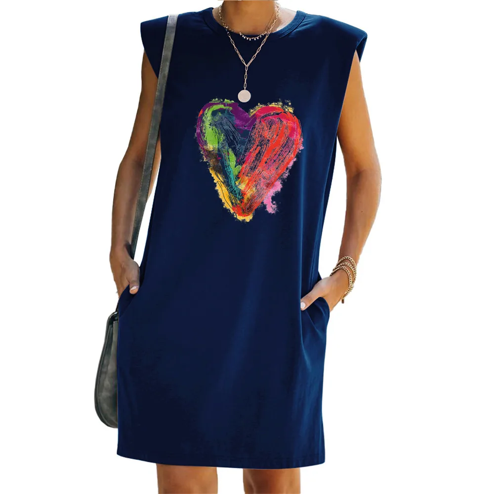 

Heart-shaped Printed Round Collar Sleeveless Dress Dress for Ladies Summer Casual Loose Keen-length Dress Women's Vest Dress