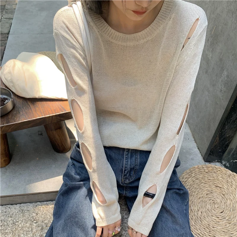 

Korejepo Women Shirt 2021 Early Autumn New Korean Chic Hollow Long-sleeved Sweater Thin Sunscreen Blouse Chic Short Top Female