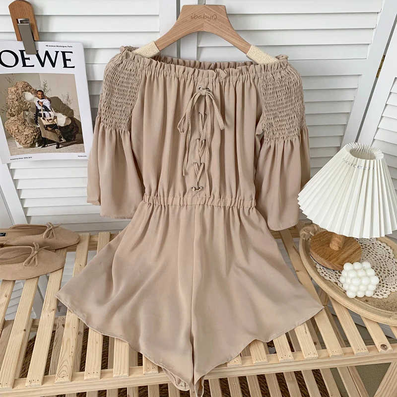 

Fitaylor Summer Fashion Women Slash Neck Lace-up High Waist Jumpsuit Shorts Casual Loose Female Solid Color Wide Leg Shorts