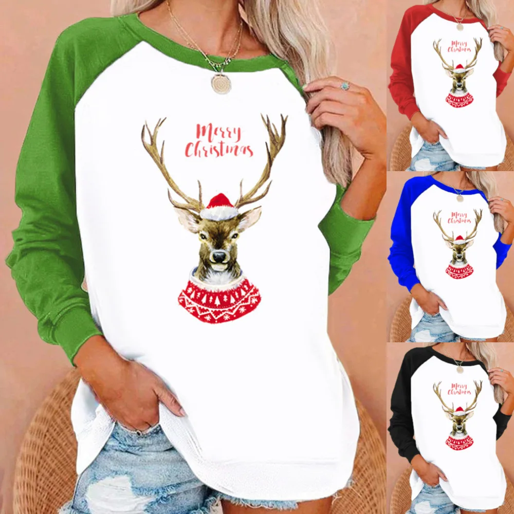 

Merry Christmas Sweatershirts Women Oversized Pullovers Long Sleeve Cartoon Elk Print Stitching Couple Hoodies Sportswears Tops