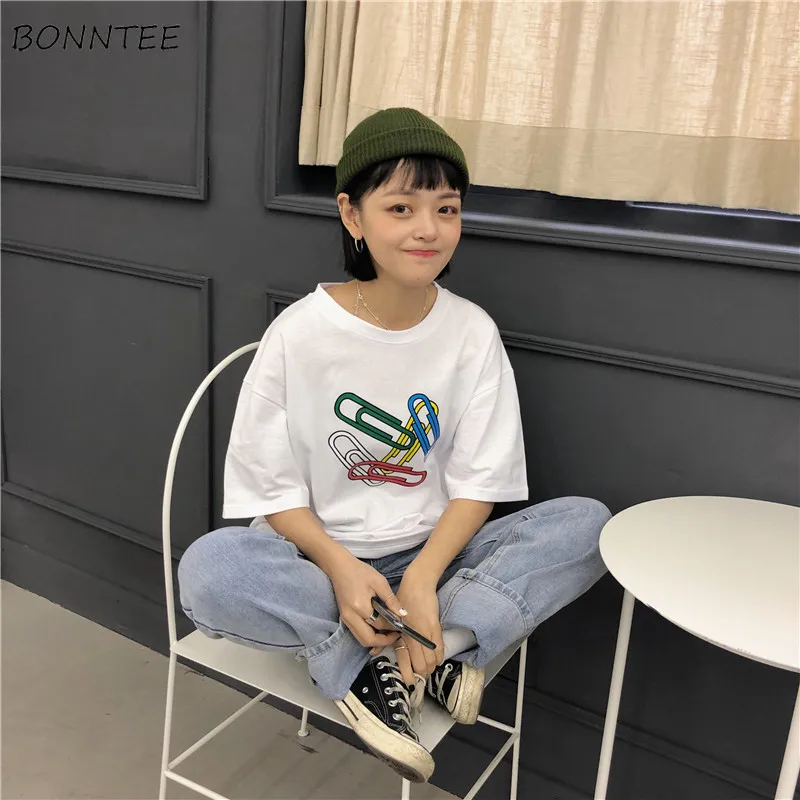 

Футболки женские с принтом в стиле Харадзюку, милые женские топы с круглым вырезом, уличная одежда, свободная длинная Студенческая футболка...