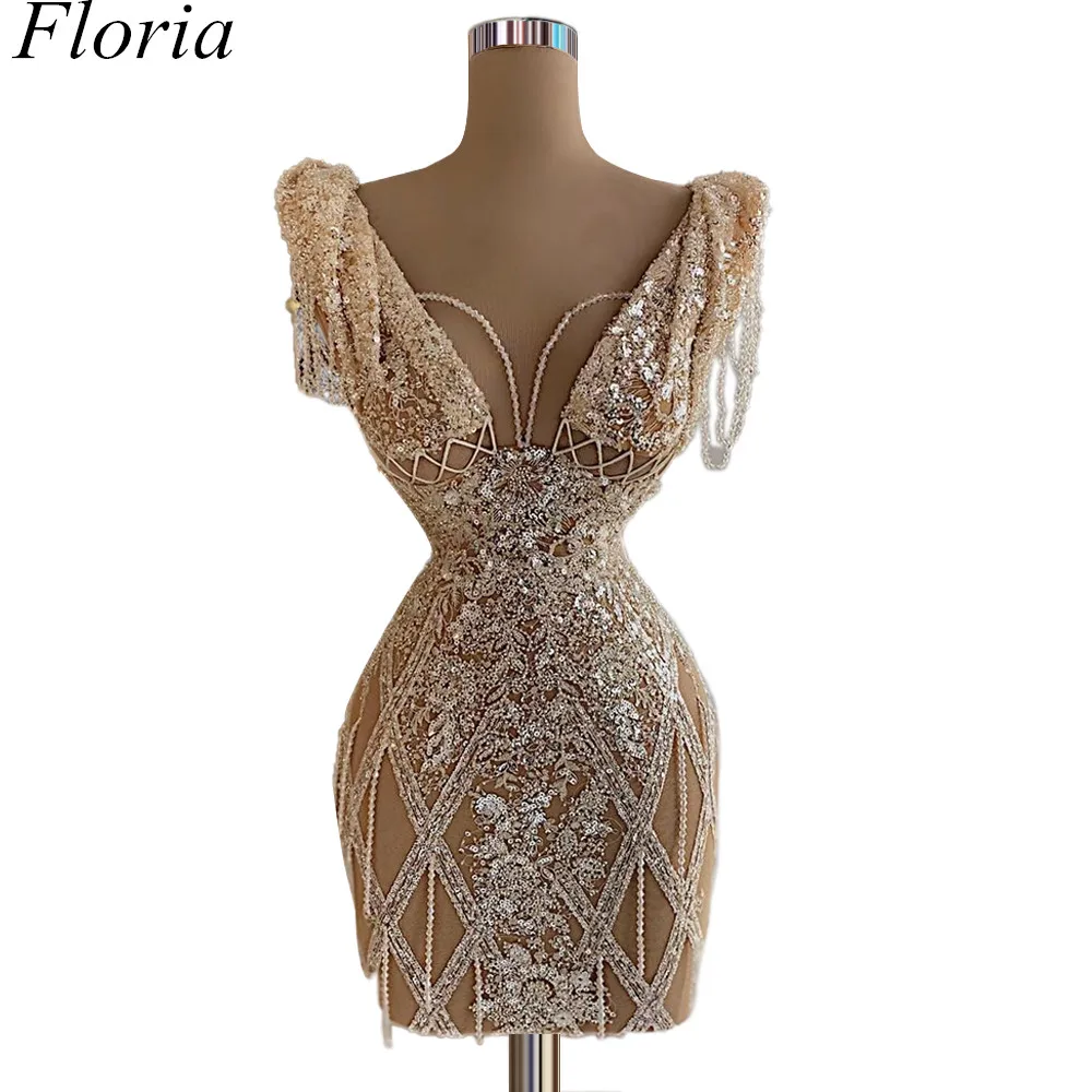 

Floria Champagne Luxury Mini Prom Dress Women V Neck Mermaid Sexy Cocktail Dresses Party Gowns Vestidos De Fiesta Robe