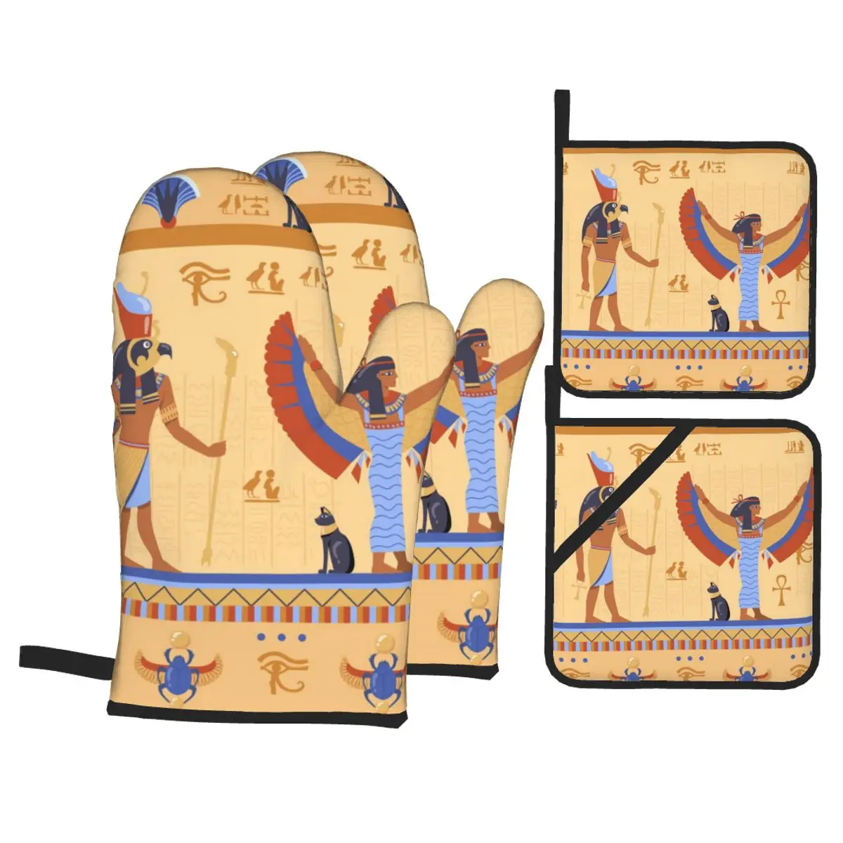 

4 Pieces Gloves Mitts Egyptian Deities On Ancient Bas Relief Kitchen Gloves Tray Dish Bowl Holder Baking Insulation Hand Clip