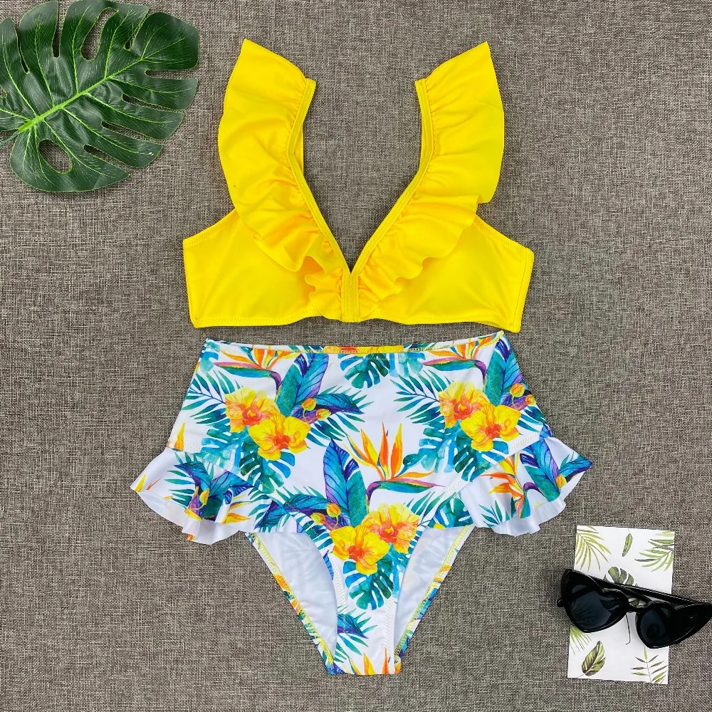 

2021 Sexy Bikini Ruffled Printing Swimsuit Bikini High Waist Bikini Set Women Swimwear Bathing Suit Beach Wear Biquinis Female