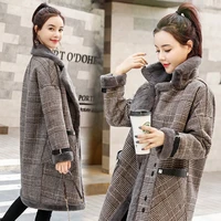2021 autumn and winter new medium and long imitation lamb fur fur one small plaid coat tweed coat female