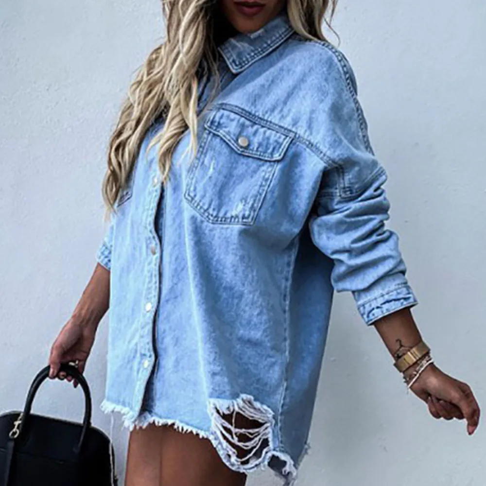 

2021 Fall New Y2k Women's Long Sleeve Blue Denim Shirt Indie Mid-length Ripped Jeans Shirt Tops New Loose Boyfriend Shirts S-XL
