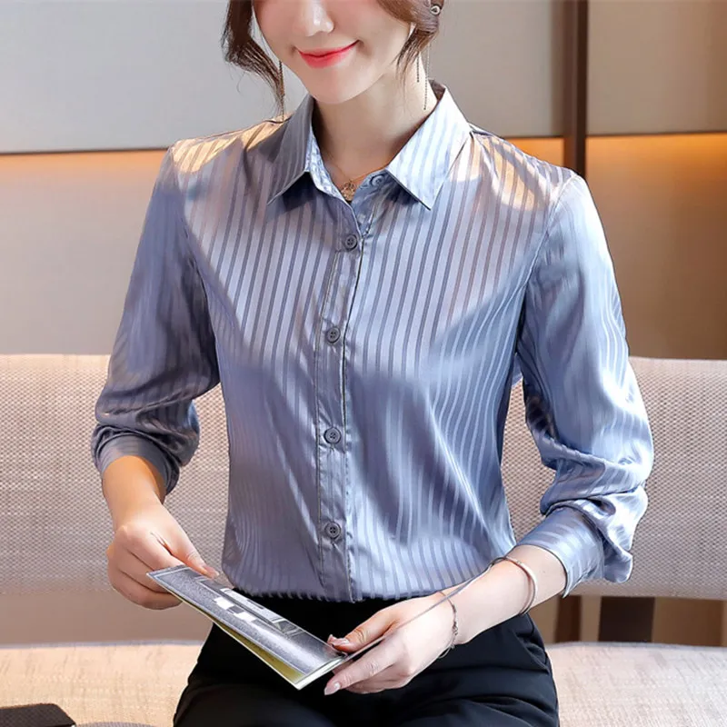

Блузка Женская атласная с длинным рукавом, Модная шелковая офисная рубашка в полоску, на пуговицах