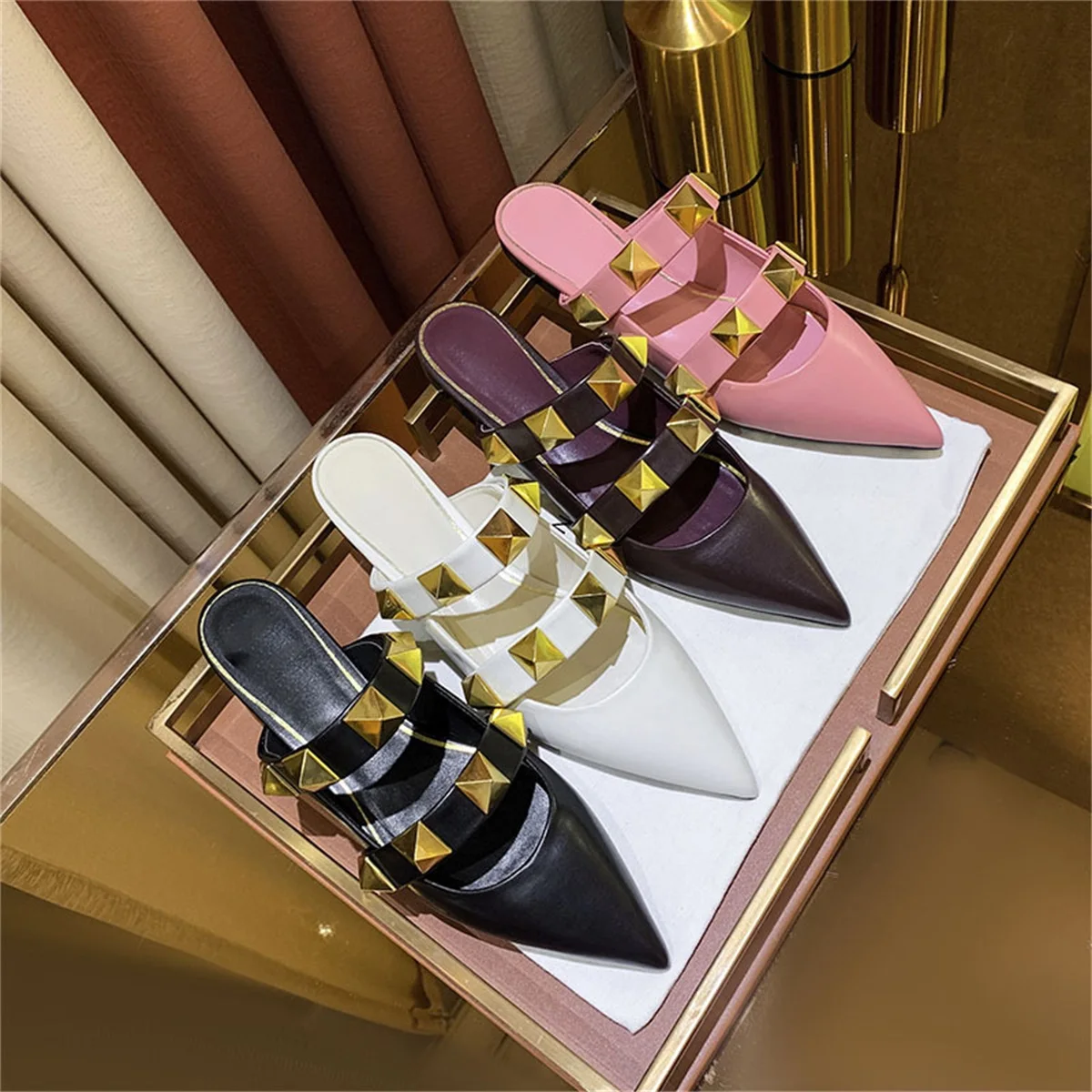 Spring Autumn New Style Rivet Pointed Toe Women Slippers Comfortable Genuine Leather Material Fashion Mules Low Heel Sandals