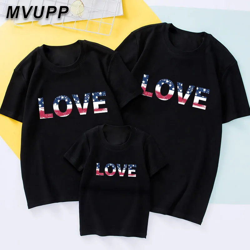 Family looking mother father kid tshirts matching mommy and daughter clothes LOVE printed baby boys girl black short sleeves new | Мать и