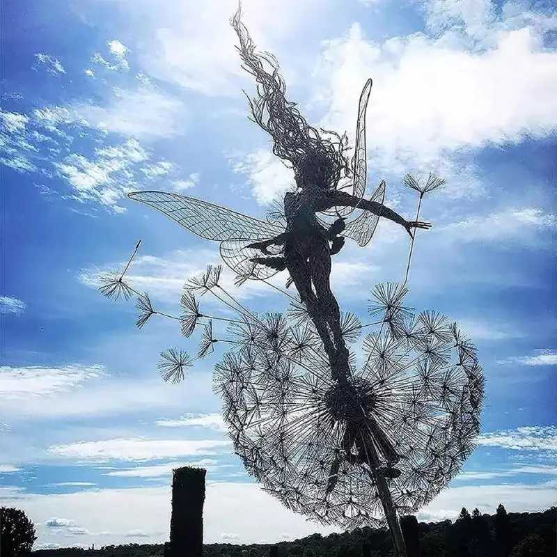 Wooden stake dandelion metal elf garden fairy decoration silhouette decoration fairy elf art deco miniature sculpture yard lawn