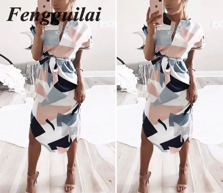 Geometric Pattern Mini Dress Sexy V-neck Wrist Dresses Casual Women Holiday Loose Summer Autumn Boho Beach Sundress | Женская одежда