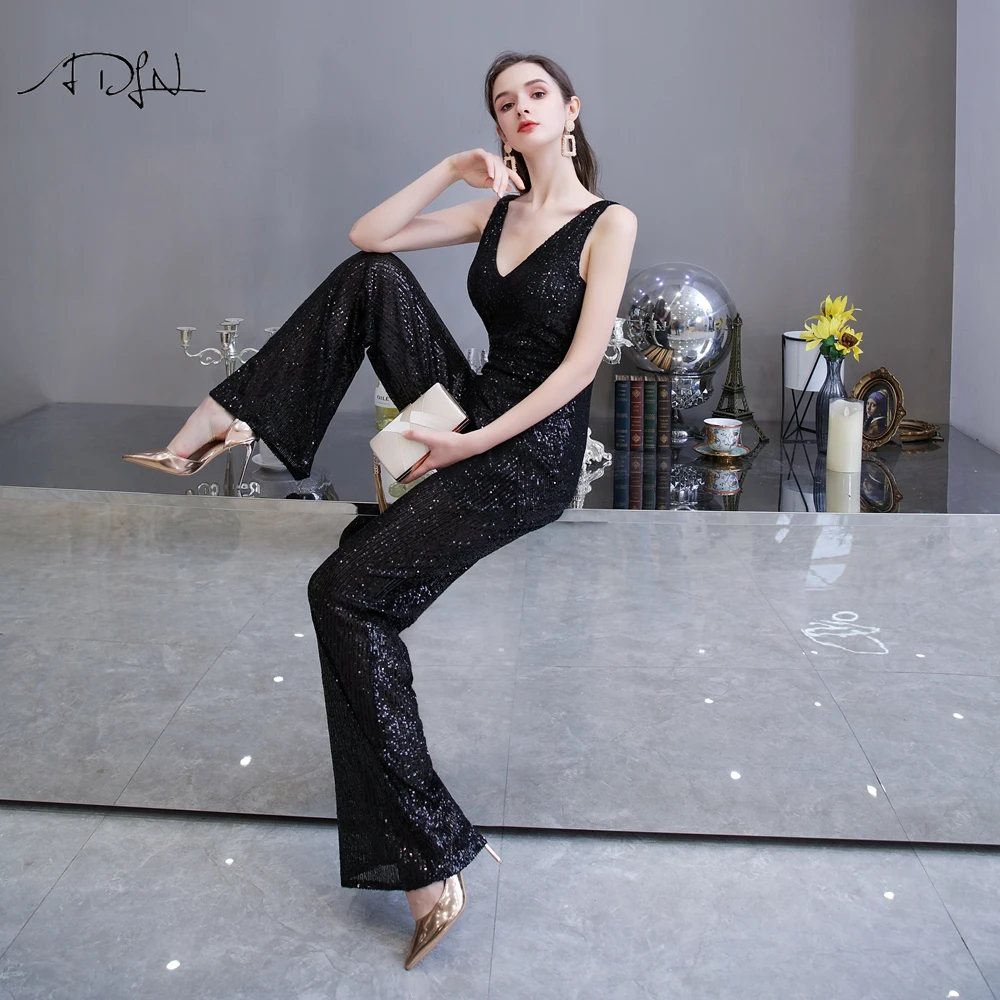 Женские черные деловые комбинезоны ADLN элегантные вечерние Брюки с двойным V